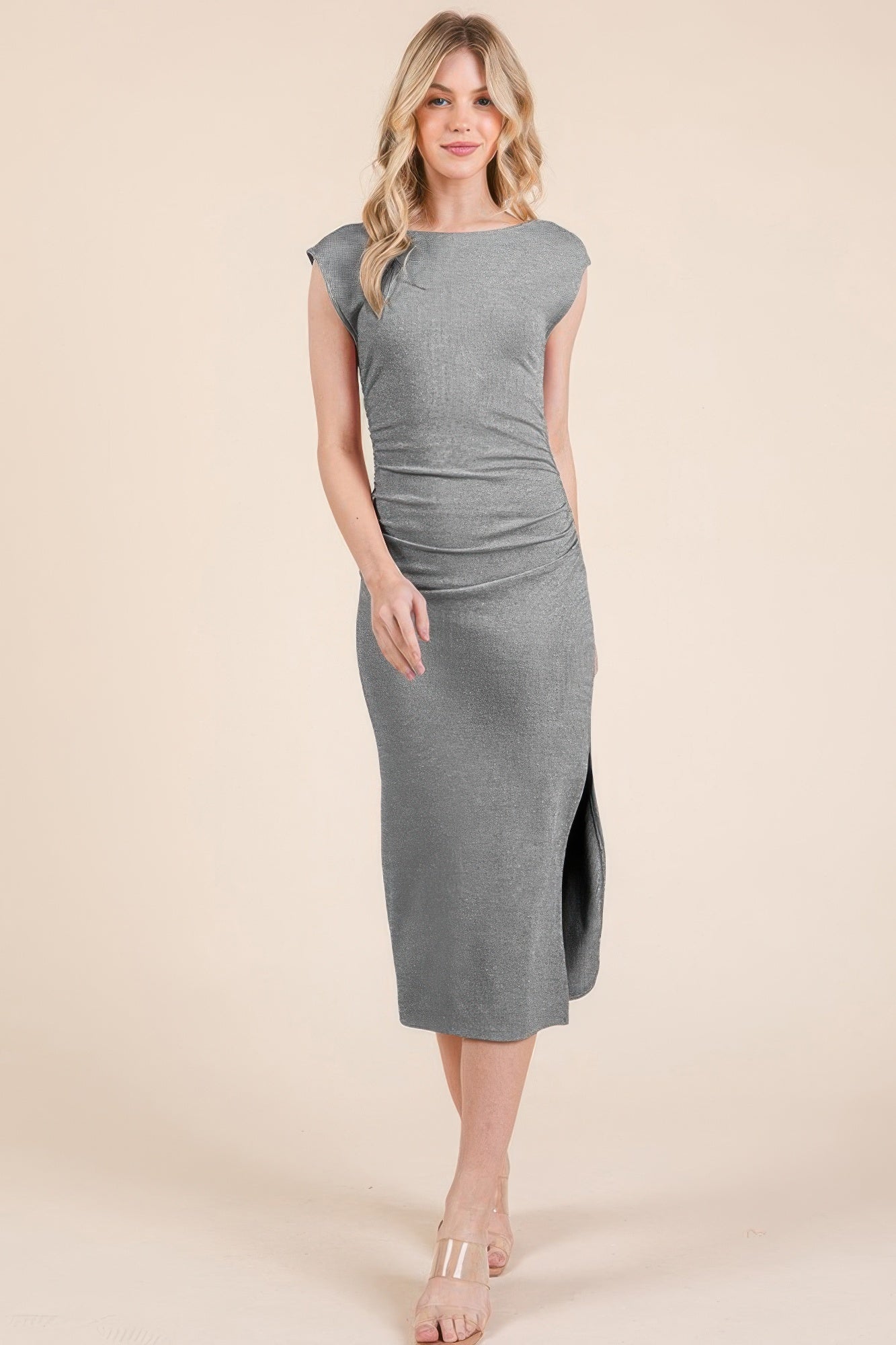 Sophisticated Gray Cap Sleeve Midi Dress with Open Back - Artsi Chic Boutique