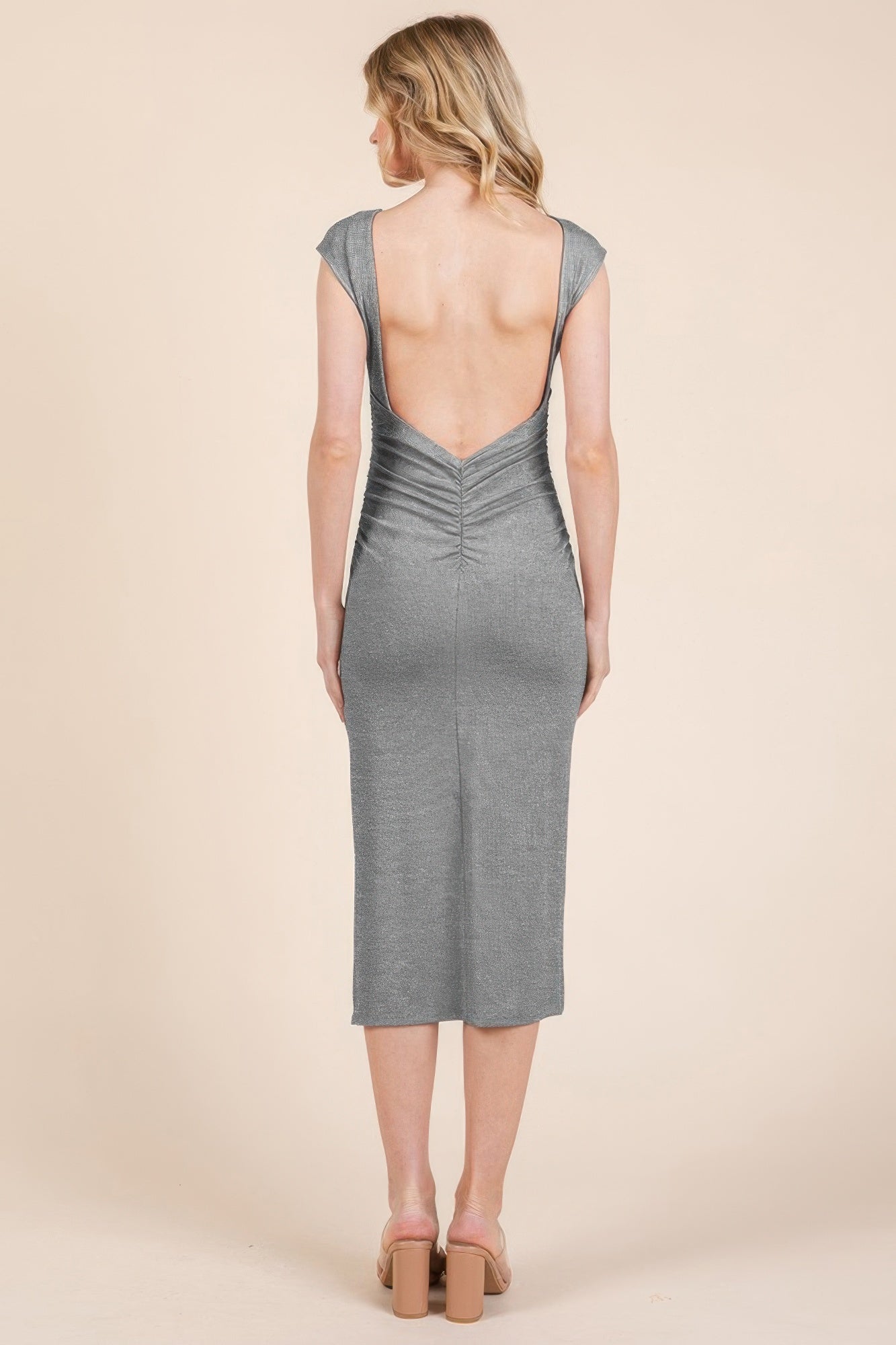 Sophisticated Gray Cap Sleeve Midi Dress with Open Back - Artsi Chic Boutique