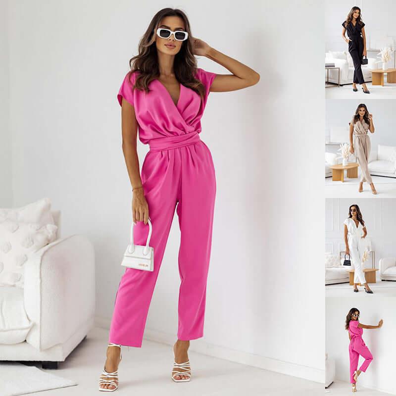 Chic Solid Color Wrap Jumpsuit - Elegant Business Belted Trousers for Women - Artsi Chic Boutique